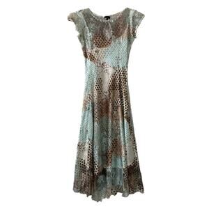 Komarov abstract print midi dress with keyhole neckline and sheer mesh detailing